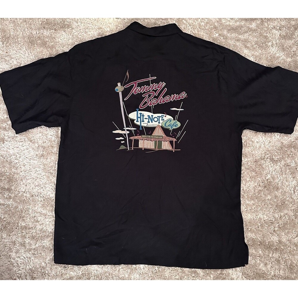 Tommy Bahama Hi-Note Cafe Silk Shirt Men’s L Black Embroidered Camp